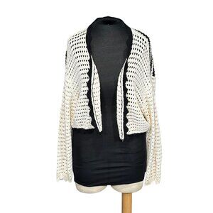 Miou Muse Womens Black & White Open-Knit Cropped Cardigan Sweater Size S